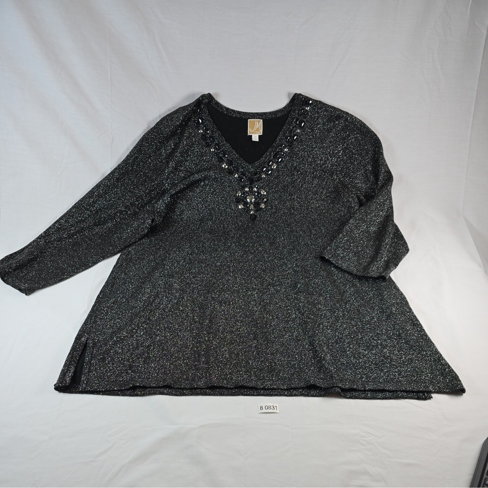 JM Collection Beaded V-Neck 3/4 Sleeve Top Womens 2X Sparkly Black Stretchy
